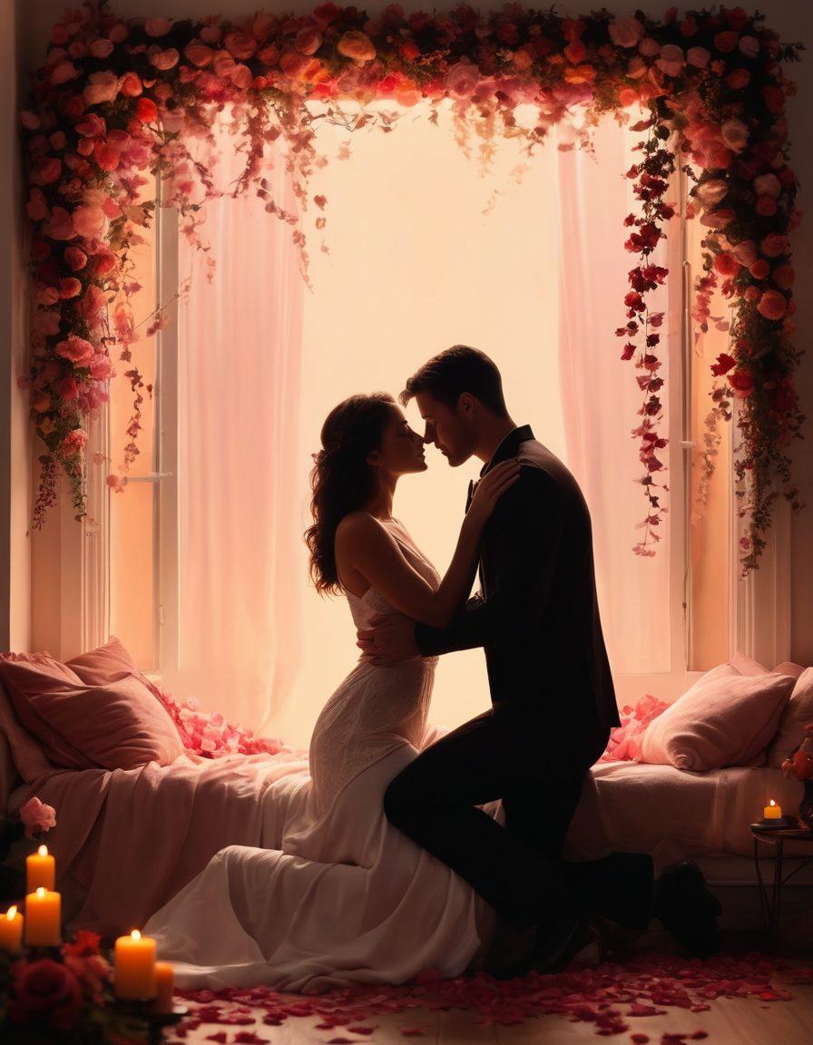 A serene and intimate setting featuring a soft, dimly lit room adorned with lush fabrics and gentle candlelight. A silhouette of a couple in an affectionate embrace, surrounded by delicate flowers and scattered rose petals. Incorporate elements of art supplies like paintbrushes and canvases to symbolize self-expression. The atmosphere radiates warmth and sensuality, invoking feelings of intimacy and delight. vibrant colors. soft focus. 3D.
