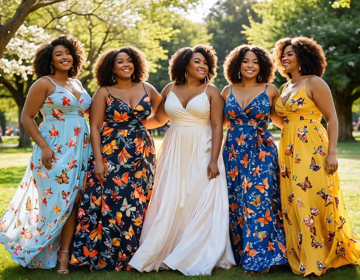 A diverse group of confident women celebrating their curves, embracing each other in a sunny park surrounded by blooming flowers. They are wearing vibrant, flowing dresses that highlight their body positivity and joy. Soft sunlight bathes the scene, creating a warm and inviting atmosphere. Include whimsical butterflies and cheerful birds in the background to amplify the uplifting mood. super-realistic. vibrant colors. soft focus.
