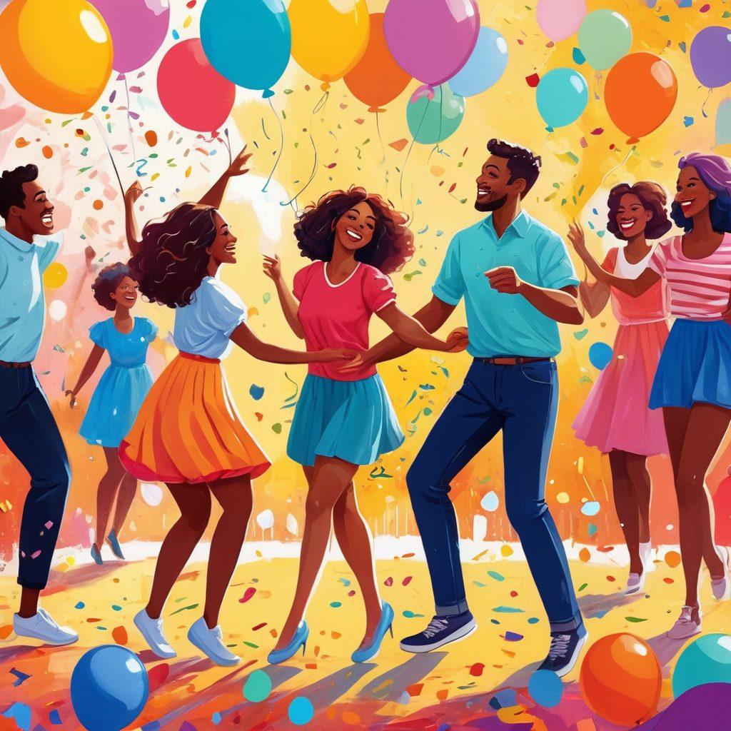 A whimsical scene depicting adults enjoying playful activities like dancing, painting, and playing games, surrounded by vibrant colors and abstract shapes that symbolize confidence and fun. Incorporate elements like balloons, confetti, and smiles to emphasize a carefree atmosphere. The background should be a lively blend of colors that reflect joy and positivity. cartoon style. vibrant colors. lighthearted.